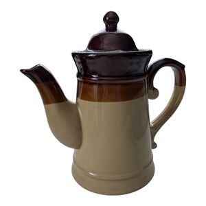 Vintage 70s Stoneware Tan Brown Glazed Tea Coffee Pot With Lid Chunky Farmhouse
